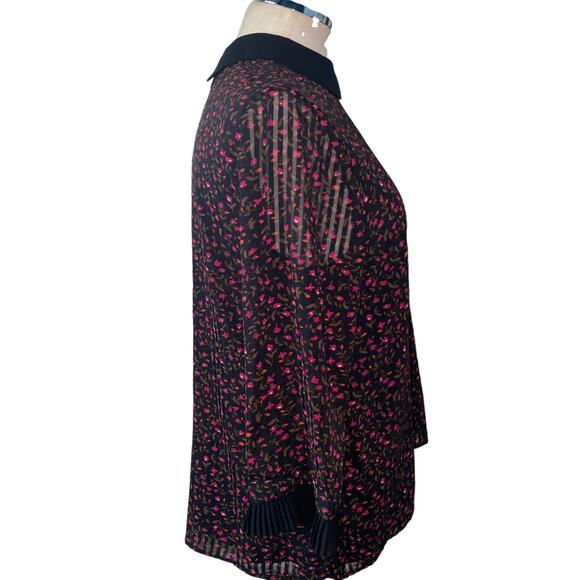 CeCe Black Floral Print Long Sleeve Sheer Striped Collared Blouse Size Medium - Picture 2 of 6